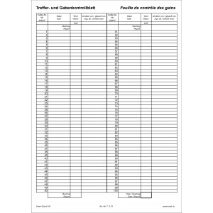 Treffer-Kontrollblatt für 100 Preise